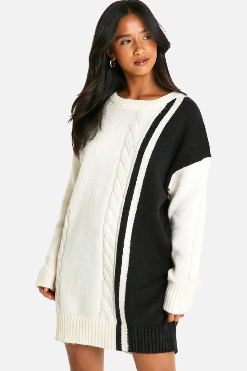Jumper Dresses|Jumper Dresses*boohoo Petite Cable Knit Panel Detail Jumper Dress cream
