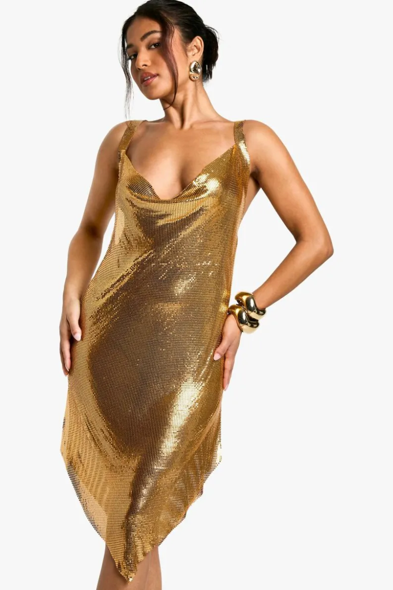 Midi Dresses*boohoo Petite Chainmail Cowl Neck Midi Dress gold