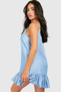 Smock Dresses*boohoo Petite Chambray Strappy Ruffle Hem Swing Dress blue