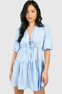 Smock Dresses*boohoo Petite Chambray Tie Front Tiered Mini Dress blue