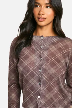 Cardigans*boohoo Petite Check High Neck Cardigan brown
