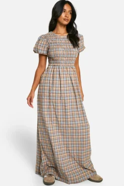Skater Dresses*boohoo Petite Check Volume Sleeve Pock Detail Maxi Dress blue
