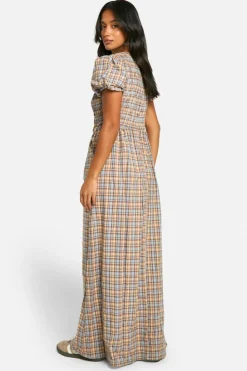 Skater Dresses*boohoo Petite Check Volume Sleeve Pock Detail Maxi Dress blue