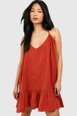 Smock Dresses*boohoo Petite Cheesecloth Mini Dress terracotta