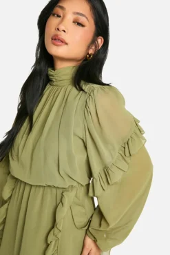 Skater Dresses*boohoo Petite Chiffon High Neck Ruffle Skater Dress olive
