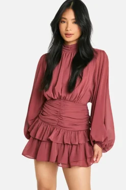 Skater Dresses*boohoo Petite Chiffon High Neck Ruched Skater Dress blush