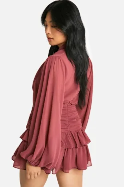 Skater Dresses*boohoo Petite Chiffon High Neck Ruched Skater Dress blush