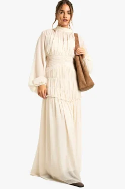 Maxi Dresses*boohoo Petite Chiffon High Neck Gathered Detail Maxi Dress ivory