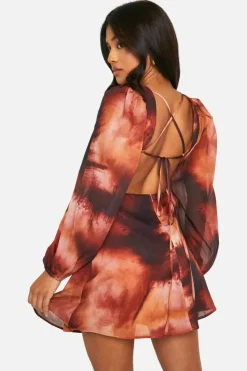Skater Dresses*boohoo Petite Chiffon Print Trim Skater Dress tan