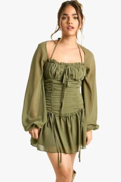 Skater Dresses*boohoo Petite Chiffon Ruched Milkmaid Skater Dress olive