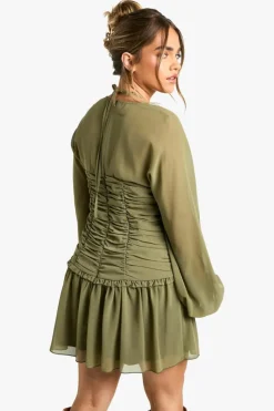 Skater Dresses*boohoo Petite Chiffon Ruched Milkmaid Skater Dress olive