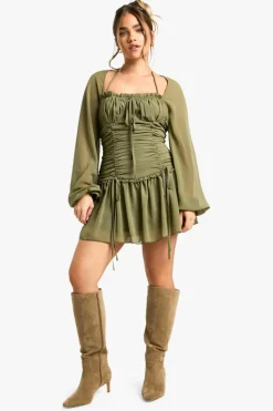 Skater Dresses*boohoo Petite Chiffon Ruched Milkmaid Skater Dress olive