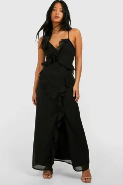 Maxi Dresses*boohoo Petite Chiffon Ruffle Maxi Dress black