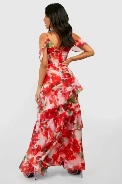 Maxi Dresses|Dresses*boohoo Petite Chiffon Tiered Ruffle Floral Maxi Dress pink