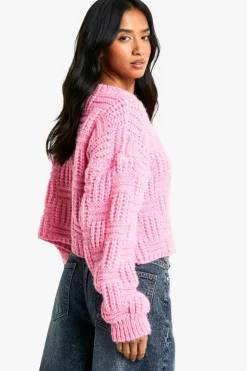 Cardigans|Knitwear*boohoo Petite Chunky Basket Stitch High Neck Knitted Cardigan pink