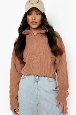 Jumpers|Up To 80% Off Winter Warmers*boohoo Petite Chunky Rib Half Zip Jumper camel