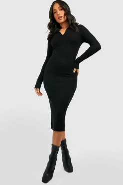 Midi Dresses|Jumper Dresses*boohoo Petite Collar Rib Knit Midi Dress black