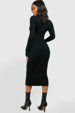 Midi Dresses|Jumper Dresses*boohoo Petite Collar Rib Knit Midi Dress black