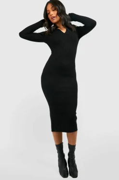 Midi Dresses|Jumper Dresses*boohoo Petite Collar Rib Knit Midi Dress black