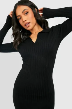 Midi Dresses|Jumper Dresses*boohoo Petite Collar Rib Knit Midi Dress black