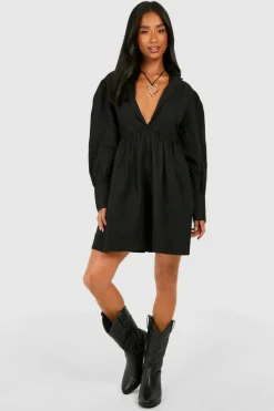 Smock Dresses*boohoo Petite Collared Cotton Swing Smock black