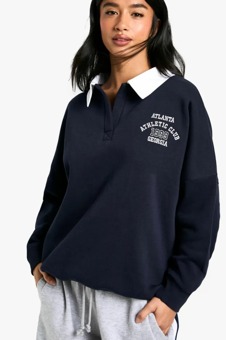 Sweatshirts|Hoodies & Sweatshirts*boohoo Petite Contrast Collar Embroidered Oversized Sweatshirt navy