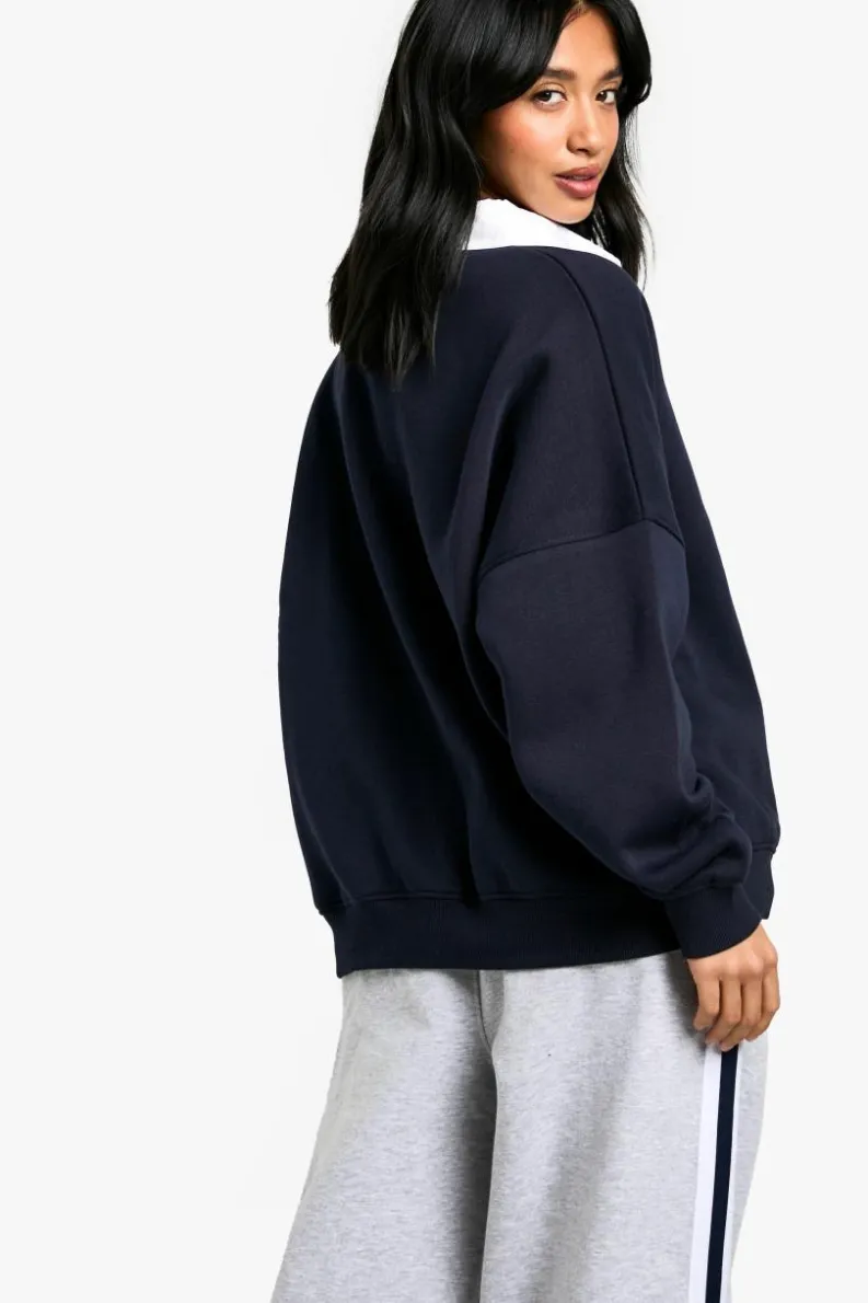 Sweatshirts|Hoodies & Sweatshirts*boohoo Petite Contrast Collar Embroidered Oversized Sweatshirt navy