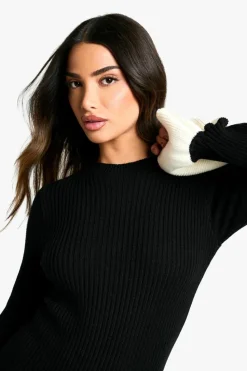 Jumper Dresses|Jumper Dresses*boohoo Petite Contrast Flare Sleeve Knitted Skater Dress black