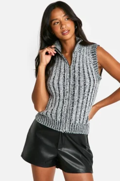 Cardigans*boohoo Petite Contrast Rib Sleeveless Zip Through Knitted Top grey