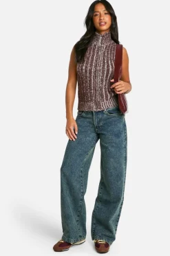 Cardigans*boohoo Petite Contrast Rib Sleeveless Zip Through Knitted Top chocolate