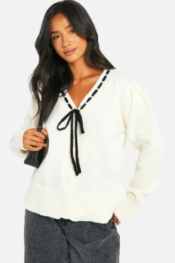 Cardigans|Knitwear*boohoo Petite Contrast Ribbon Knitted Cardigan ivory