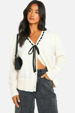 Cardigans|Knitwear*boohoo Petite Contrast Ribbon Knitted Cardigan ivory