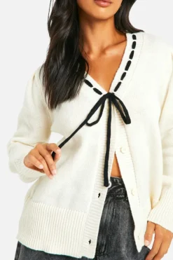 Cardigans|Knitwear*boohoo Petite Contrast Ribbon Knitted Cardigan ivory