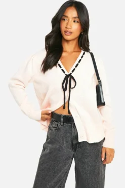 Cardigans*boohoo Petite Contrast Ribbon Knitted Cardigan light pink
