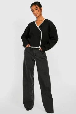 Up To 80% Off Winter Warmers*boohoo Petite Contrast Stitch Wool Look Boxy Jacket black