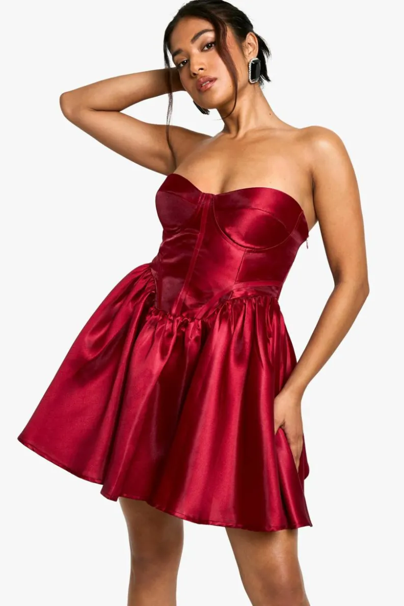 Skater Dresses*boohoo Petite Corset Lace Up Mini wine