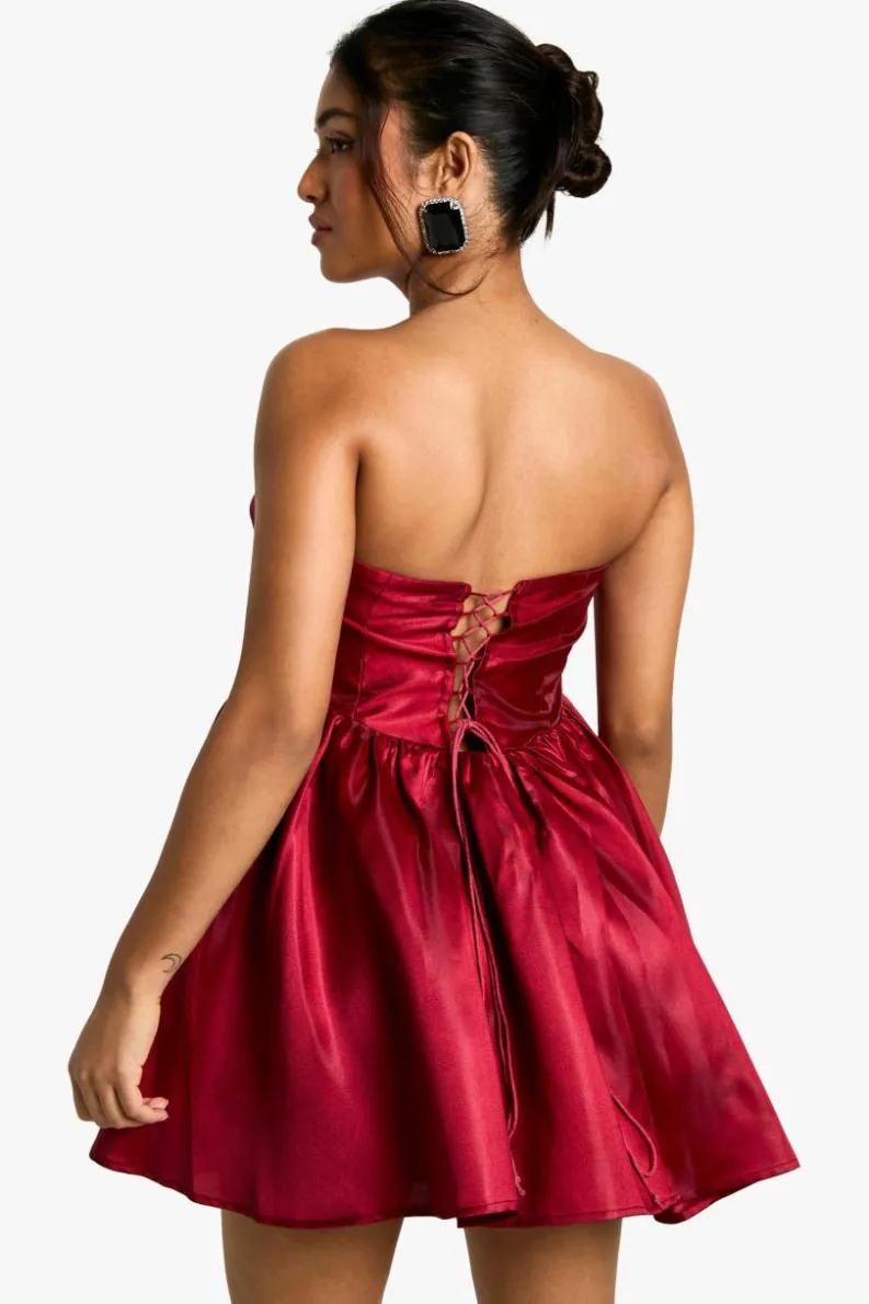 Skater Dresses*boohoo Petite Corset Lace Up Mini wine