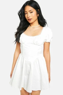 Skater Dresses*boohoo Petite Cotton Puff Sleeve Milkmaid Mini Dress white