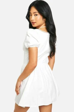 Skater Dresses*boohoo Petite Cotton Puff Sleeve Milkmaid Mini Dress white