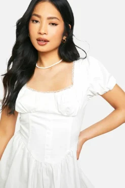 Skater Dresses*boohoo Petite Cotton Puff Sleeve Milkmaid Mini Dress white