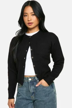 Cardigans|Knitwear*boohoo Petite Crew Neck Fine Gauge Micro Cardigan black