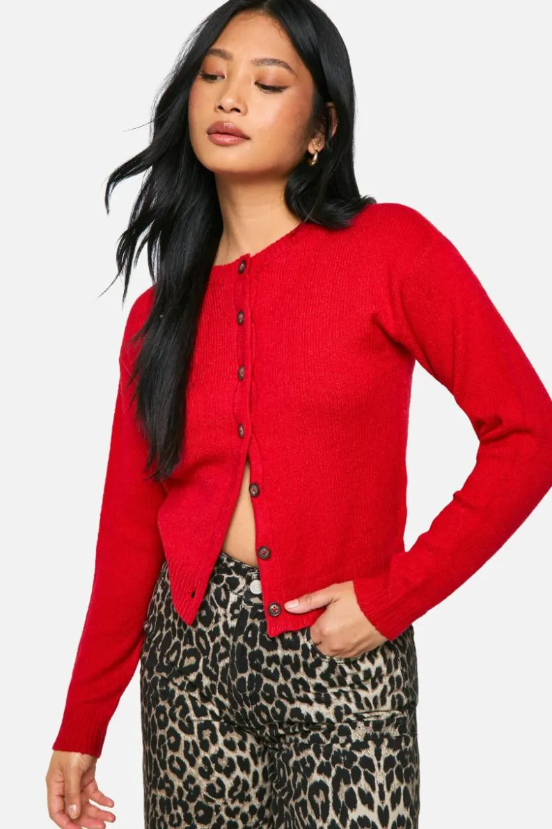 Cardigans*boohoo Petite Crew Neck Fine Gauge Micro Cardigan red