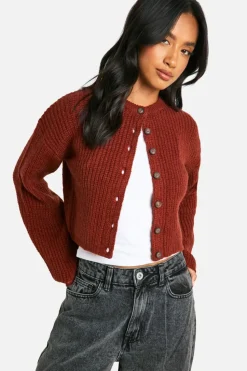 Cardigans*boohoo Petite Crew Neck Soft Knit Micro Cardigan chocolate