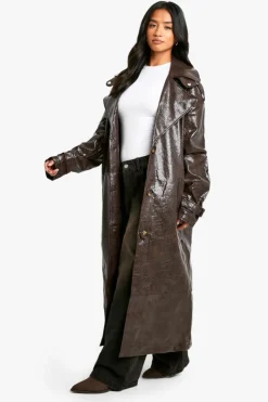 Up To 80% Off Winter Warmers|Trench Coats*boohoo Petite Croc Faux Leather Longline Trench Coat wine