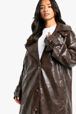 Up To 80% Off Winter Warmers|Trench Coats*boohoo Petite Croc Faux Leather Longline Trench Coat wine