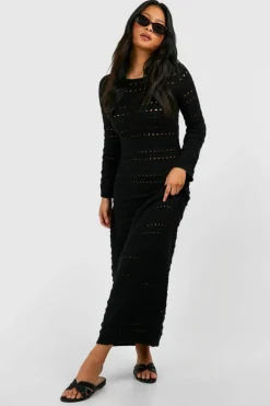 Jumper Dresses|Jumper Dresses*boohoo Petite Crochet Flare Sleeve Tie Back Knitted Maxi Dress black