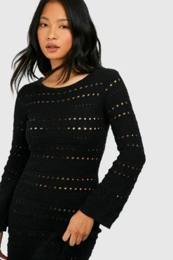 Jumper Dresses|Jumper Dresses*boohoo Petite Crochet Flare Sleeve Tie Back Knitted Maxi Dress black