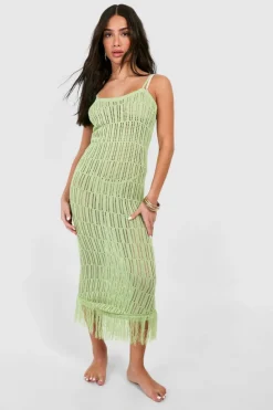Jumper Dresses|Jumper Dresses*boohoo Petite Crochet Frayed Hem Beach Dress green