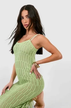 Jumper Dresses|Jumper Dresses*boohoo Petite Crochet Frayed Hem Beach Dress green