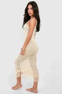 Jumper Dresses|Jumper Dresses*boohoo Petite Crochet Frayed Hem Beach Dress ivory